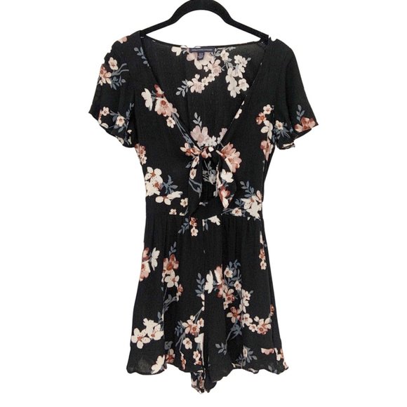 American Eagle Outfitters Pants - V-Neck Tie Front Peek-A-Boo Short Sleeve Floral Romper